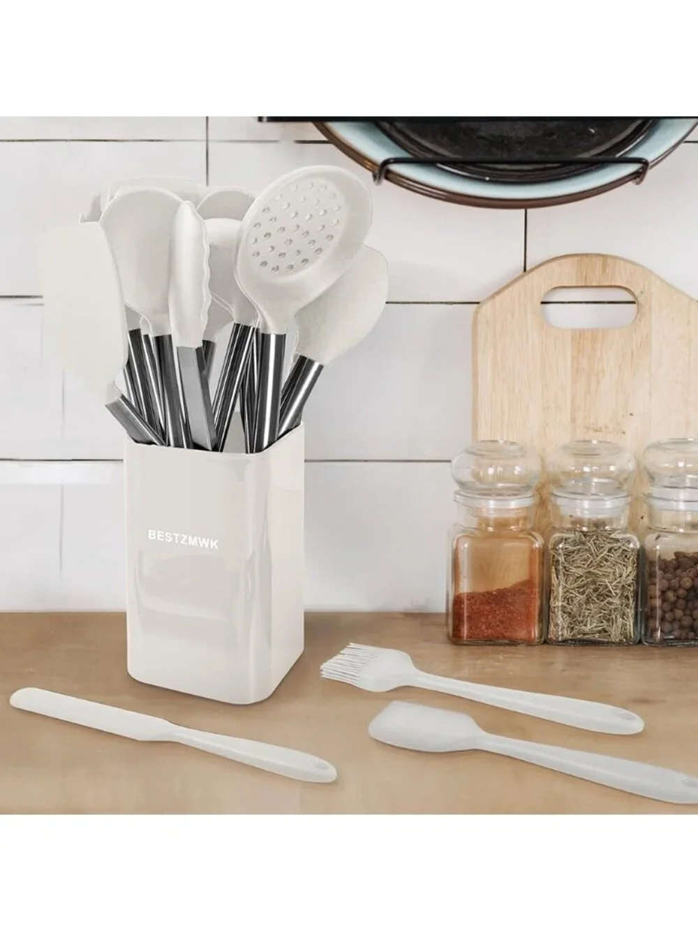 Kitchen Utensil Set-Silicone Cooking 33 Nonstick Kitchen Gadgets & Spoons Cream